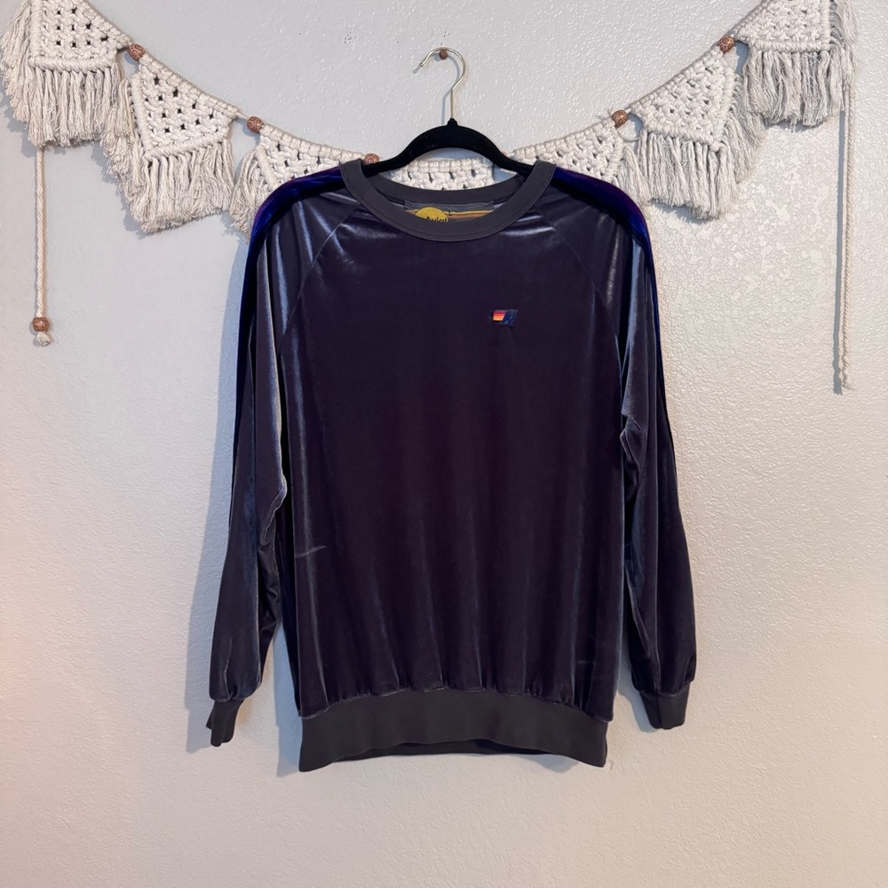 Aviator Nation Velvet Pullover Sweatshirt - Charcoal with Purple Stripe